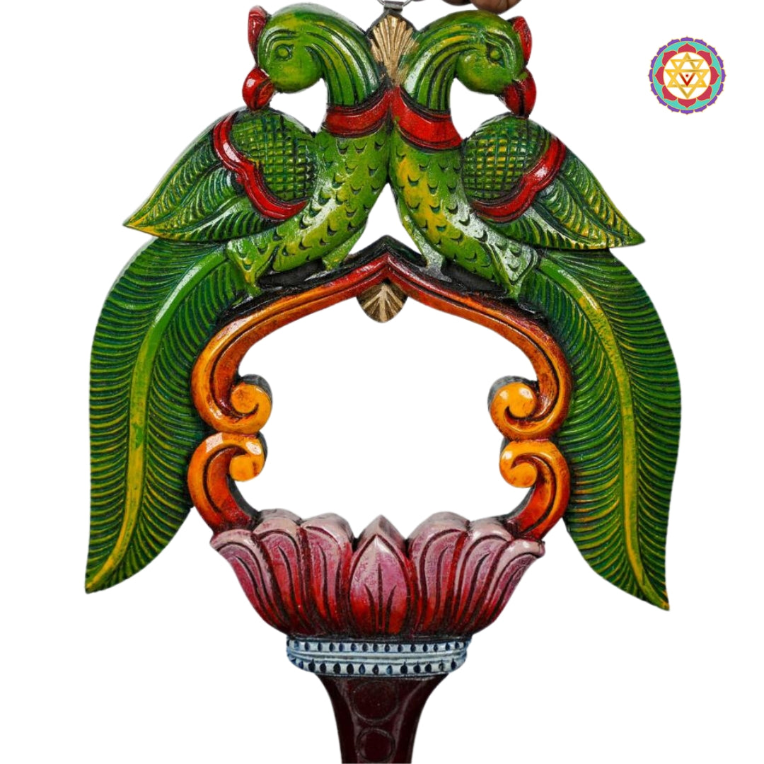 Decorative mirror with lotus and parrot design in multicolour finish