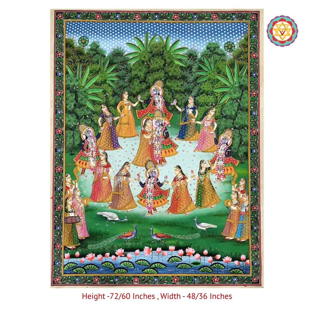 framed display of raas leela pichwai styled in an interior showing textile texture and hanging hardware
