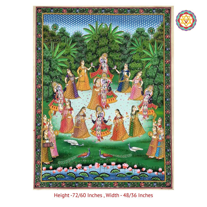 Handpainted Pichwai – Krishna Raas Leela in the Garden