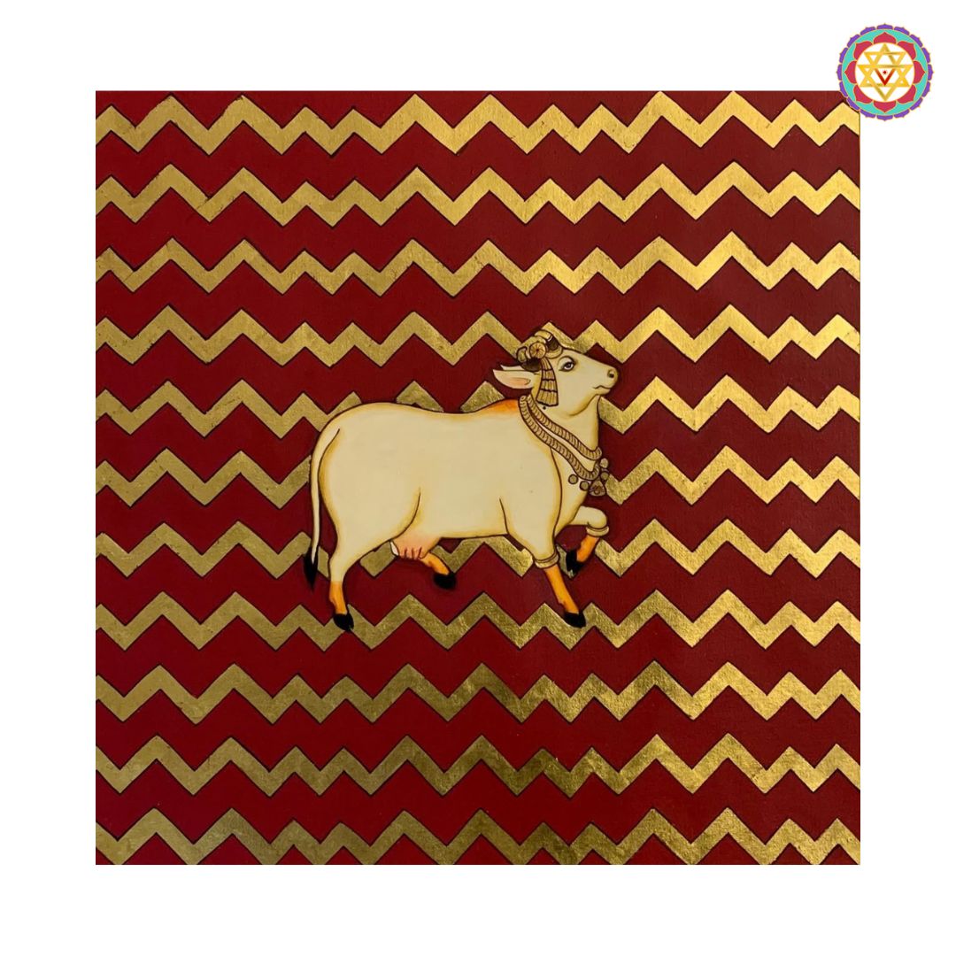 Hand-Painted Pichwai – Cow with Black &amp; Gold Abstract Design
