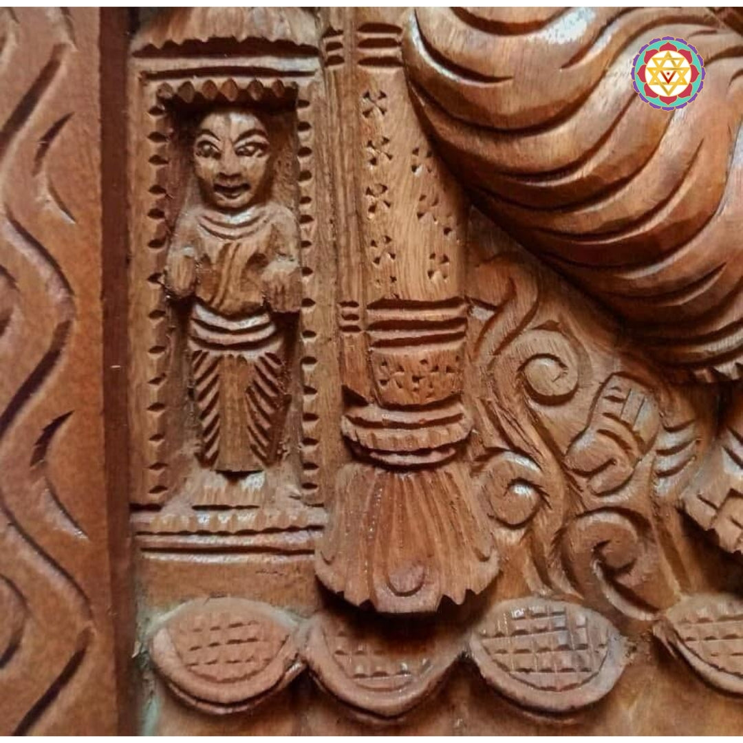 temple style lord kubera wood carving for pooja room wall