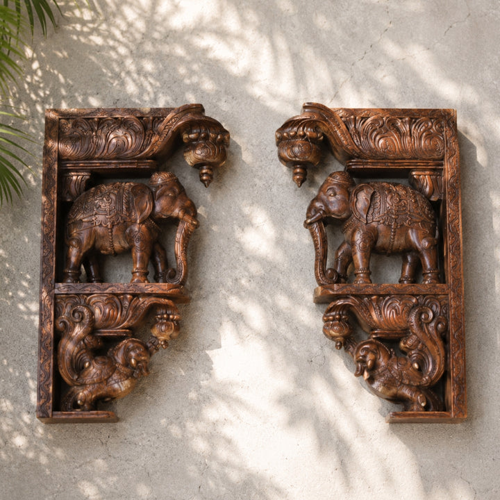 Heritage Style elephant brackets with peacocks wooden polished (Single)