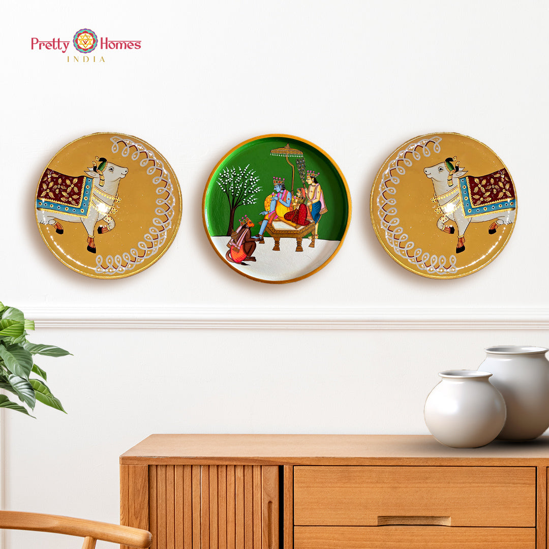 Set of 3 hand painted Ram Darbar with cow wall plates.