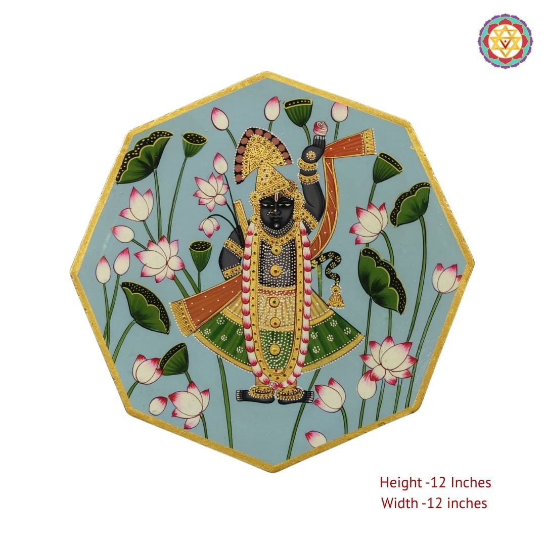 Close view of hexagonal pichwai wall plate featuring Shrinathji with lotuses