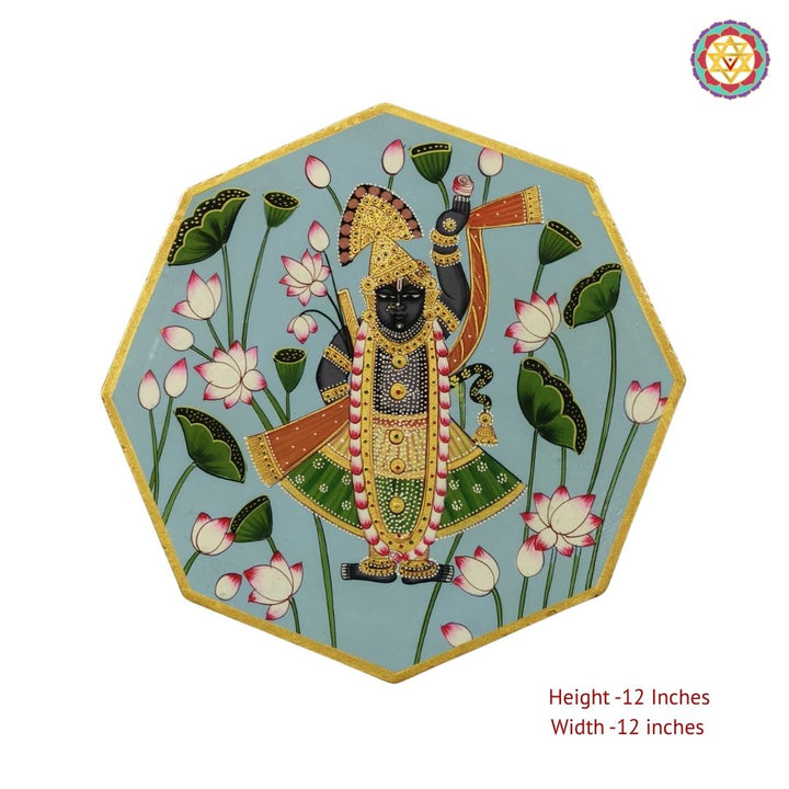 Hexagonal Pichwai -handpainted wall plate -shrinathji with lotuses