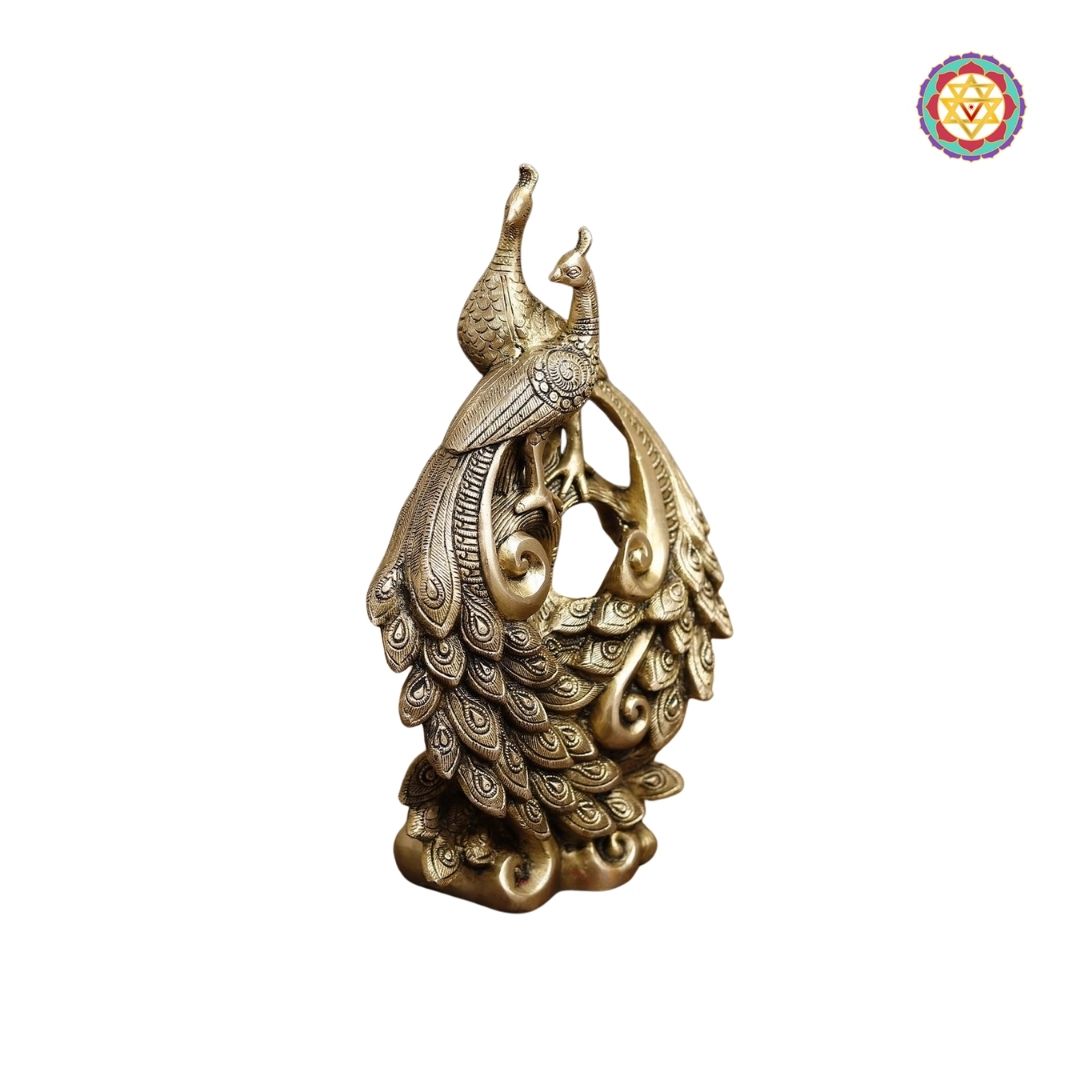 Brass Peacock Pair Statue – 12 Inch | Golden Finish Decorative Showpiece for Home, Temple and Gifting