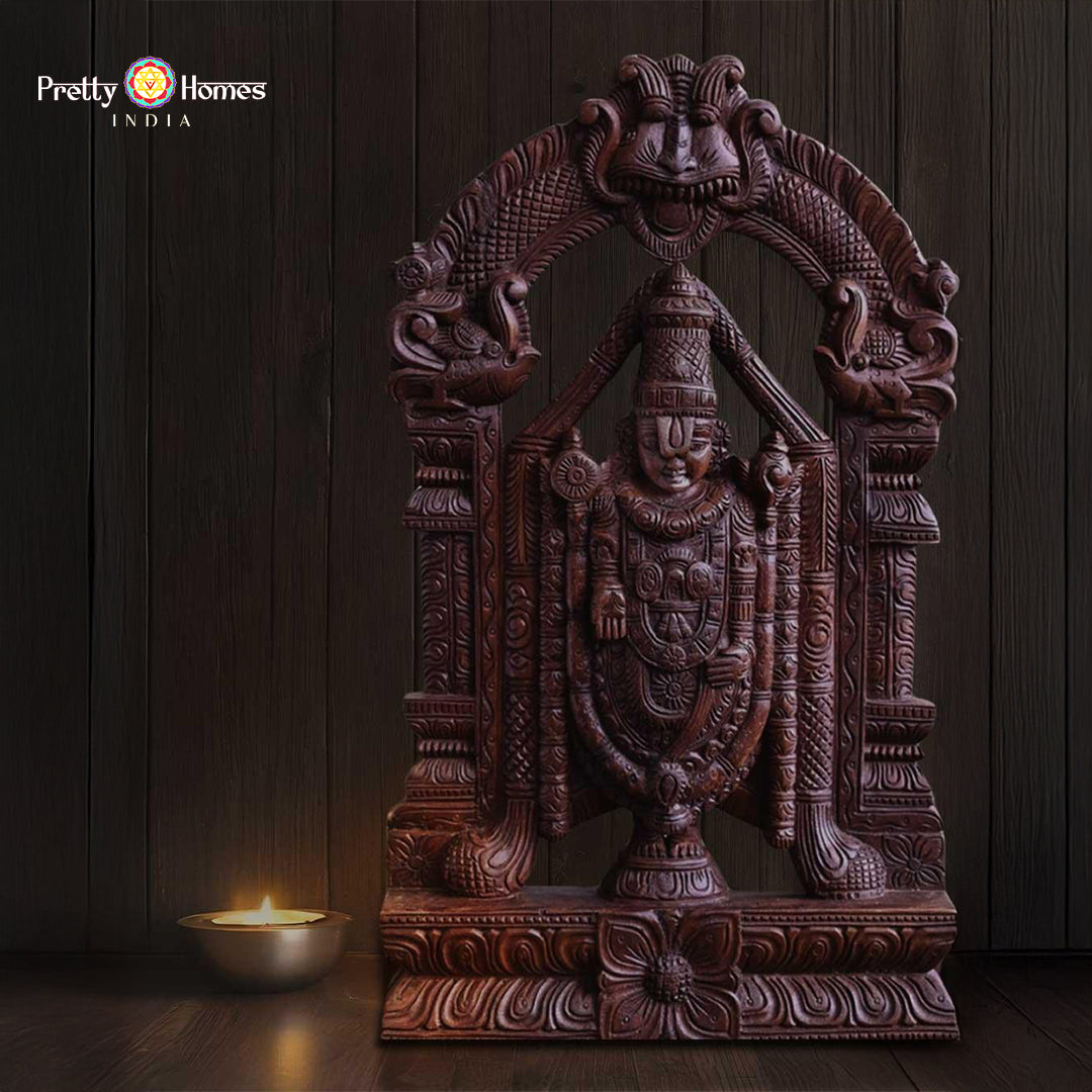 Hand-carved wooden Shri Venkatesh Tirupathi Balaji sculpture standing with prabhavali — antique finish, devotional temple decor