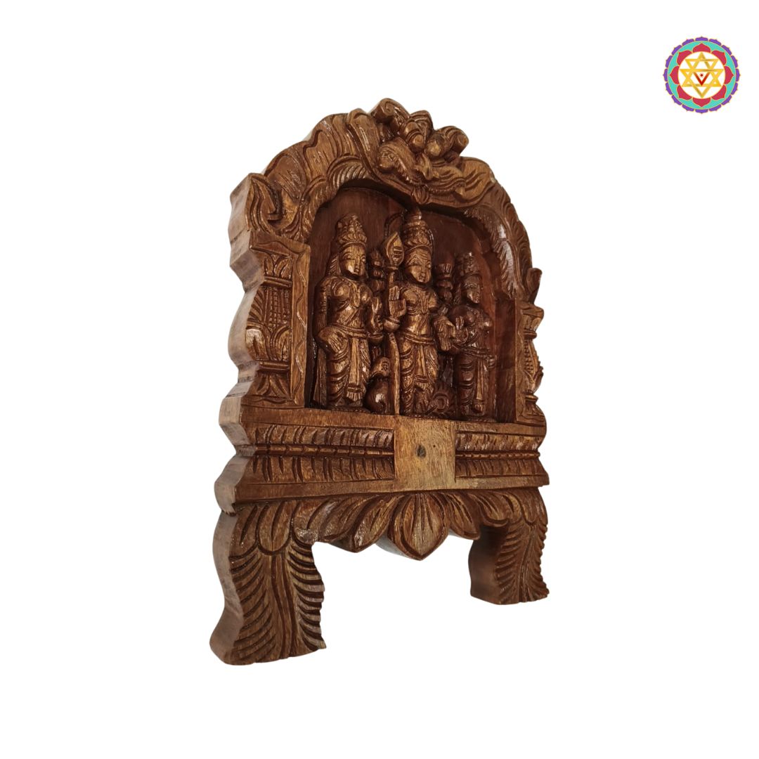 Woodcarved lord Murugan frame with yali and lotus carvings