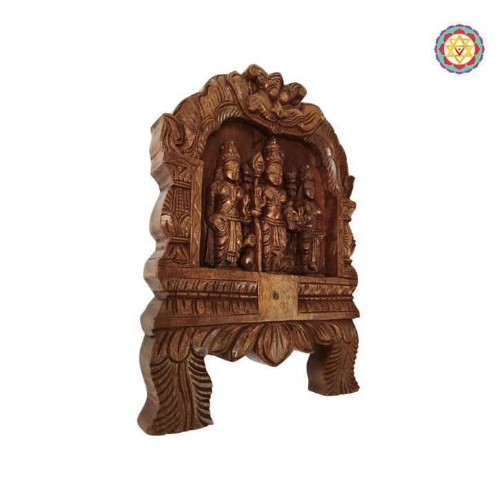 Woodcarved lord Murugan frame with yali and lotus carvings