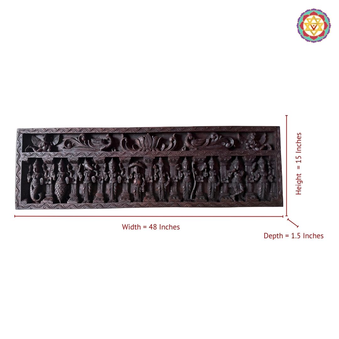 Close up of Dasavtar panel highlighting intricate floral and character carving