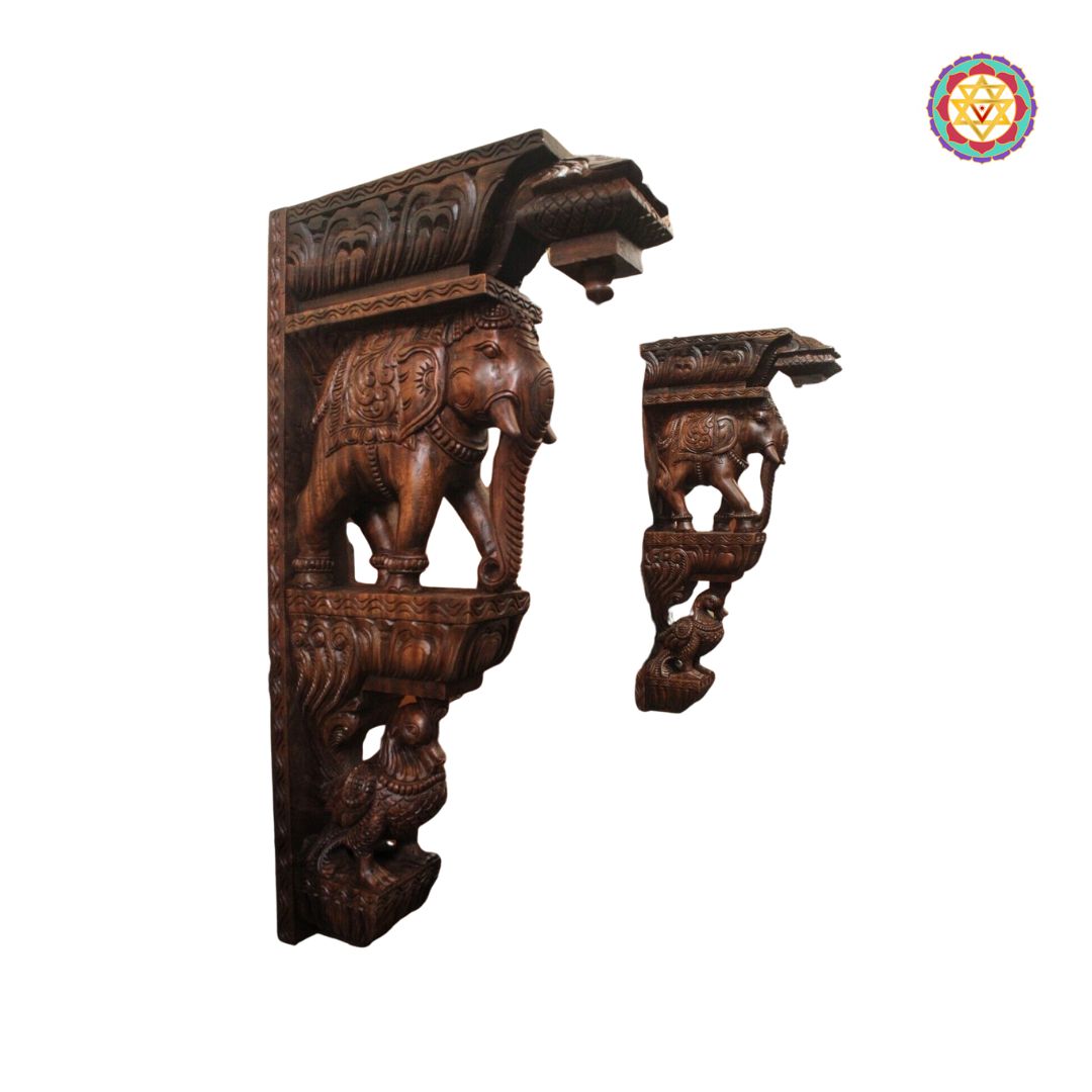 “3 foot wooden wall bracket with elephant and peacock handcarving”