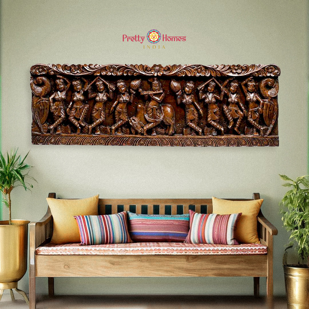 Wooden Krishna wall panel — Lord Krishna playing flute with cow decor.
