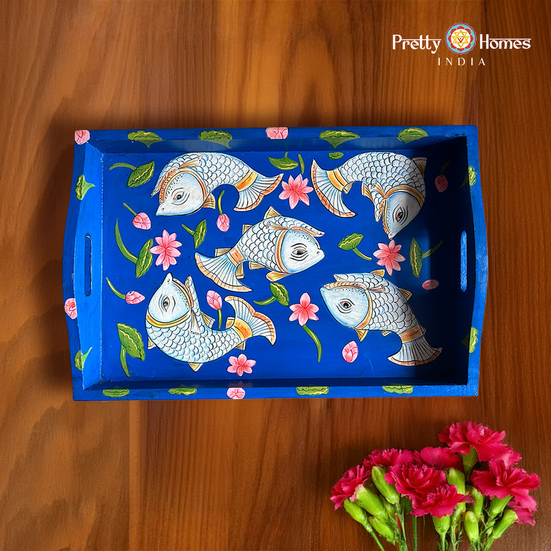 Hand-painted rectangular wooden tray with five fish and lotus motifs on royal-blue background