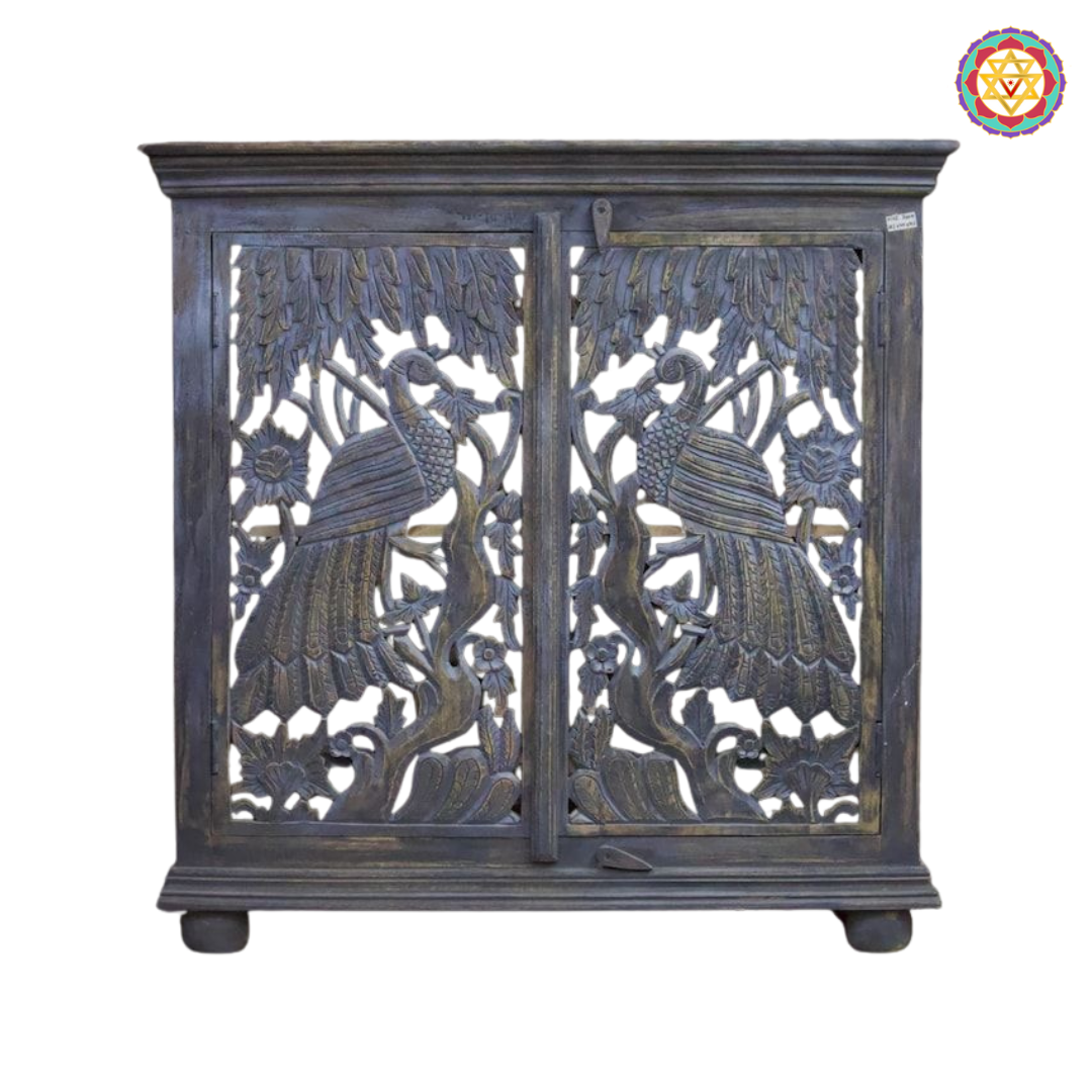 Interior shelf view of peacock design storage cabinet