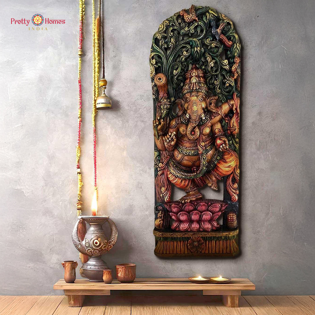 Hand-carved wooden canopy sculpture of dancing Lord Ganesha on lotus base — antique gold brown finish, divine Hindu decor art