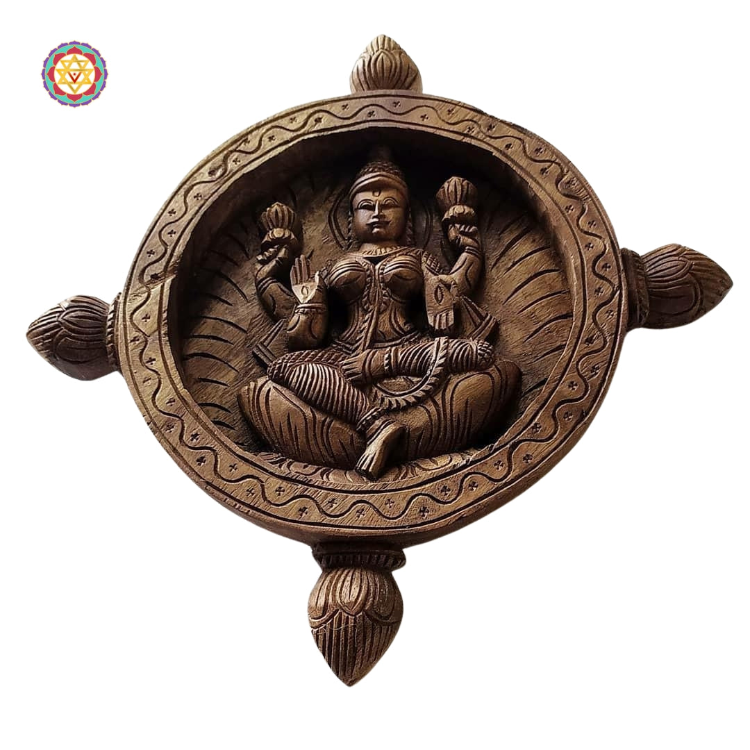 Artistic Goddess Lakshmi carving in wooden round design