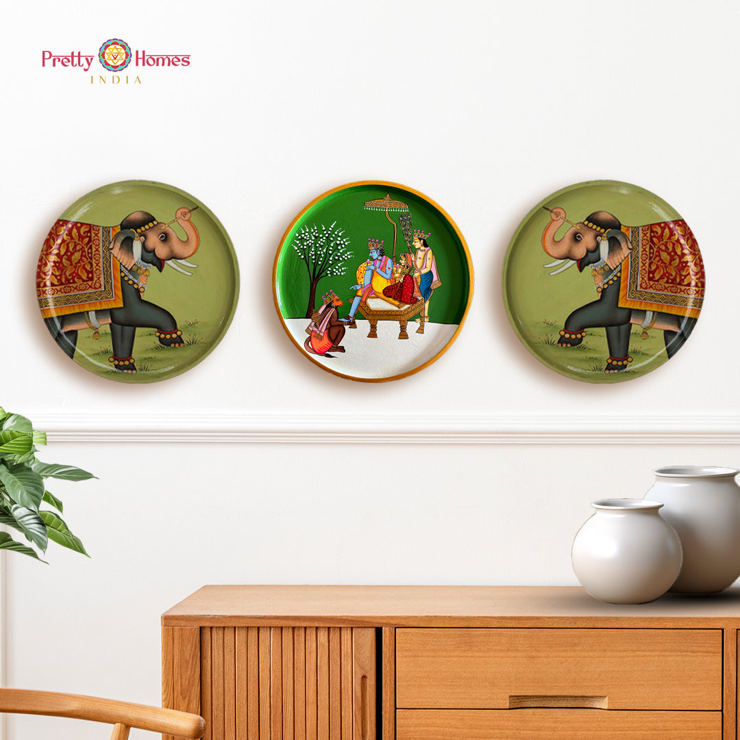 Hand-painted Ram Darbar and elephant devotional wall plate for Indian spiritual home decor