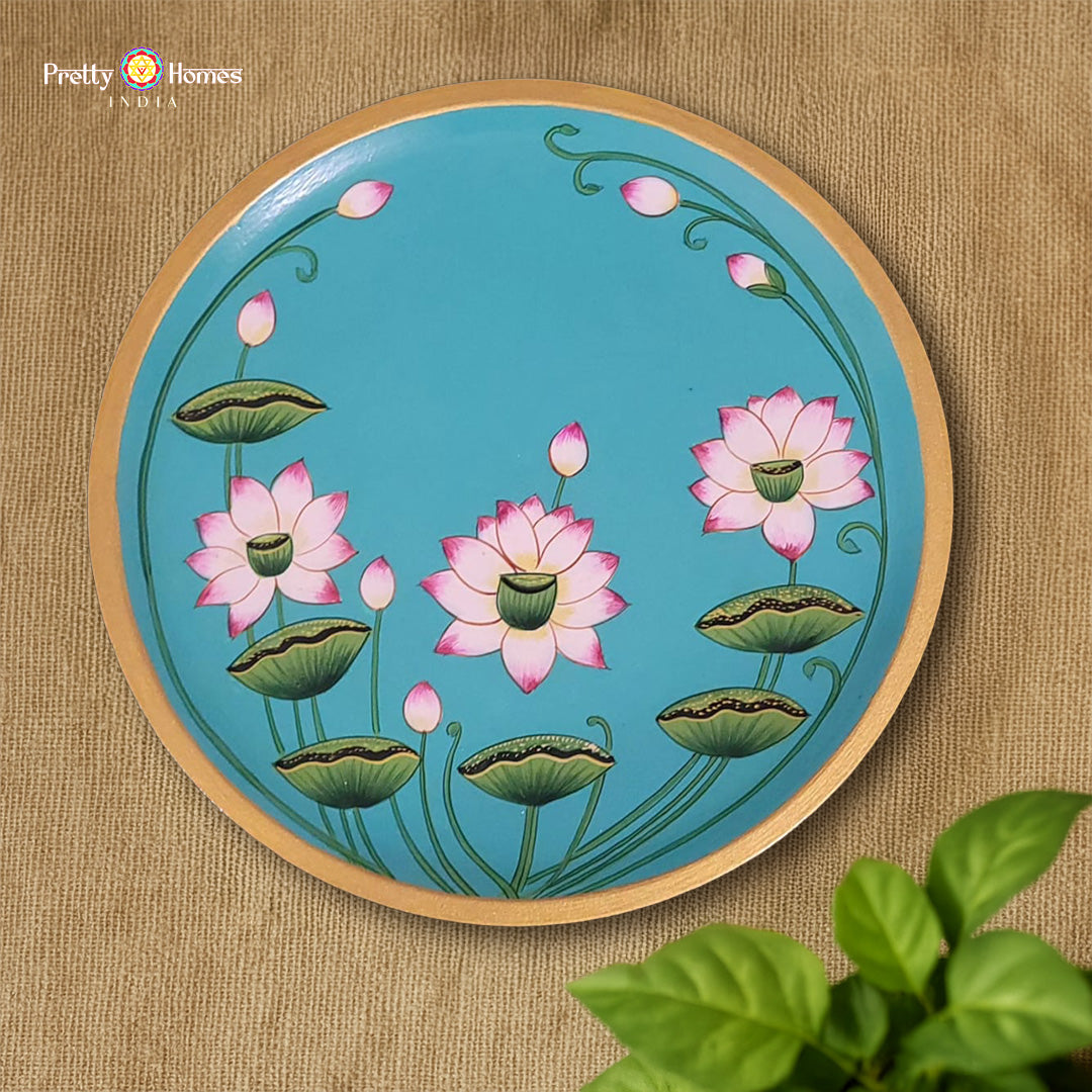 pichwai wall plate lotuses and leaves handpainted design