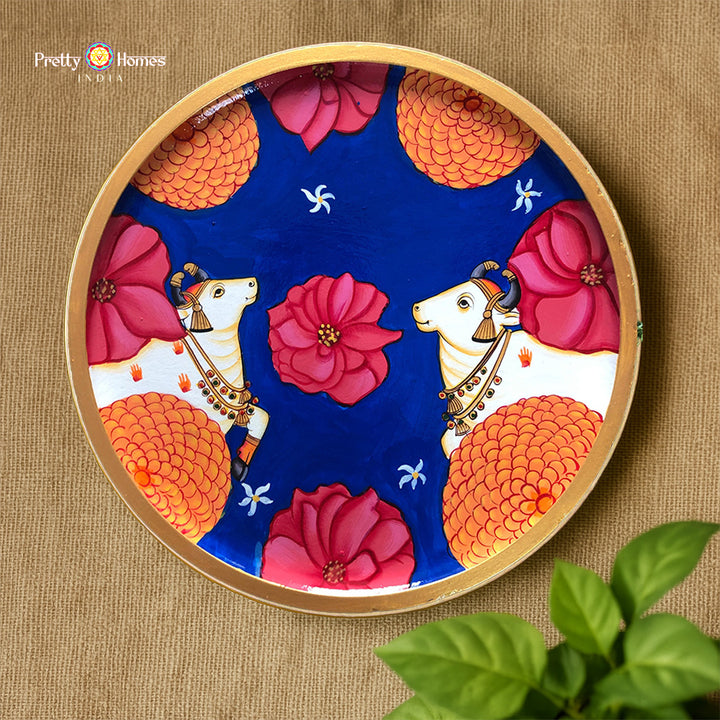 Pichwai -handpainted wall plate - cows with marigold and magnolias (Single)