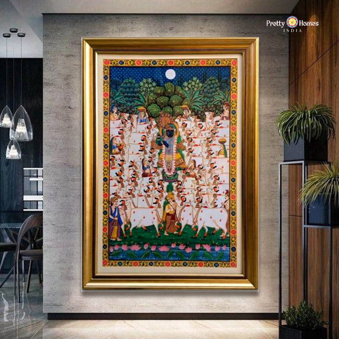 Devotional gopashtami pichwai showing Shrinathji in celebration scene
