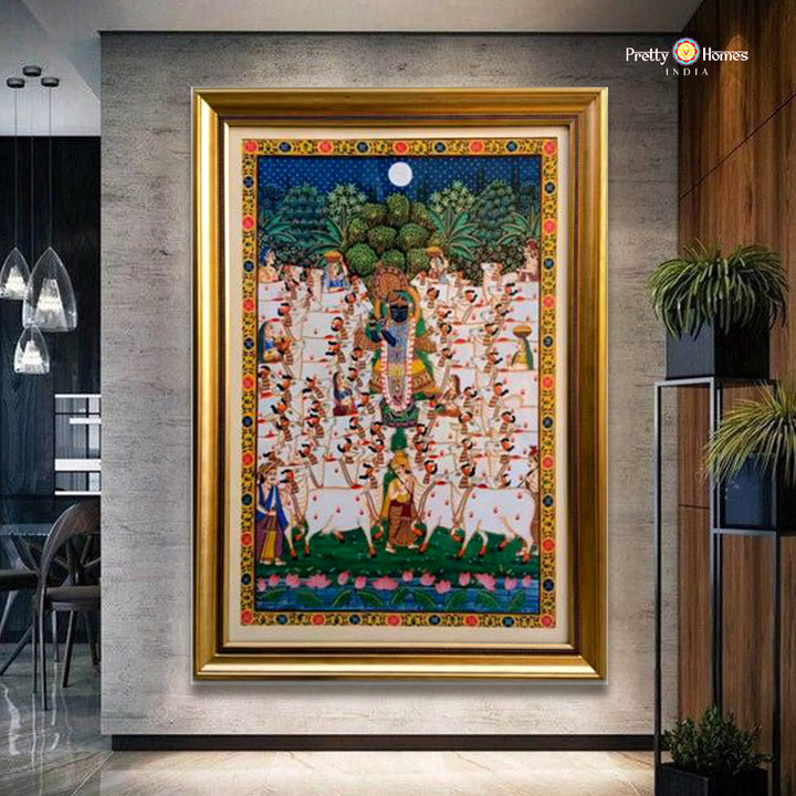 Handpainted pichwai Shrinathji Gopashtami Pooja – Devotional Pichwai Masterpiece