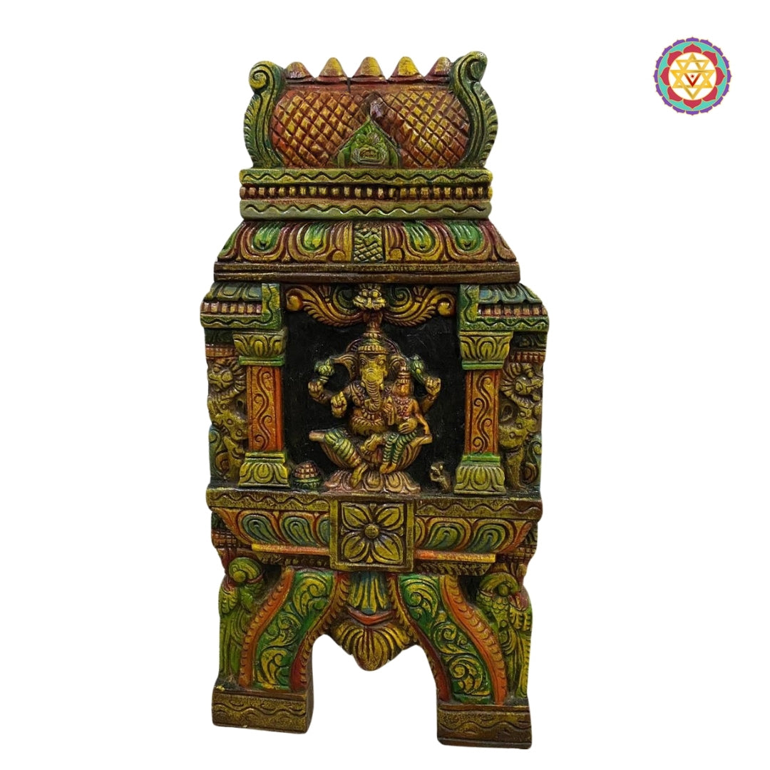 Woodcarved Ganesha and Laxmi Kavadi Panel.Temple Gopuram style wall hanging