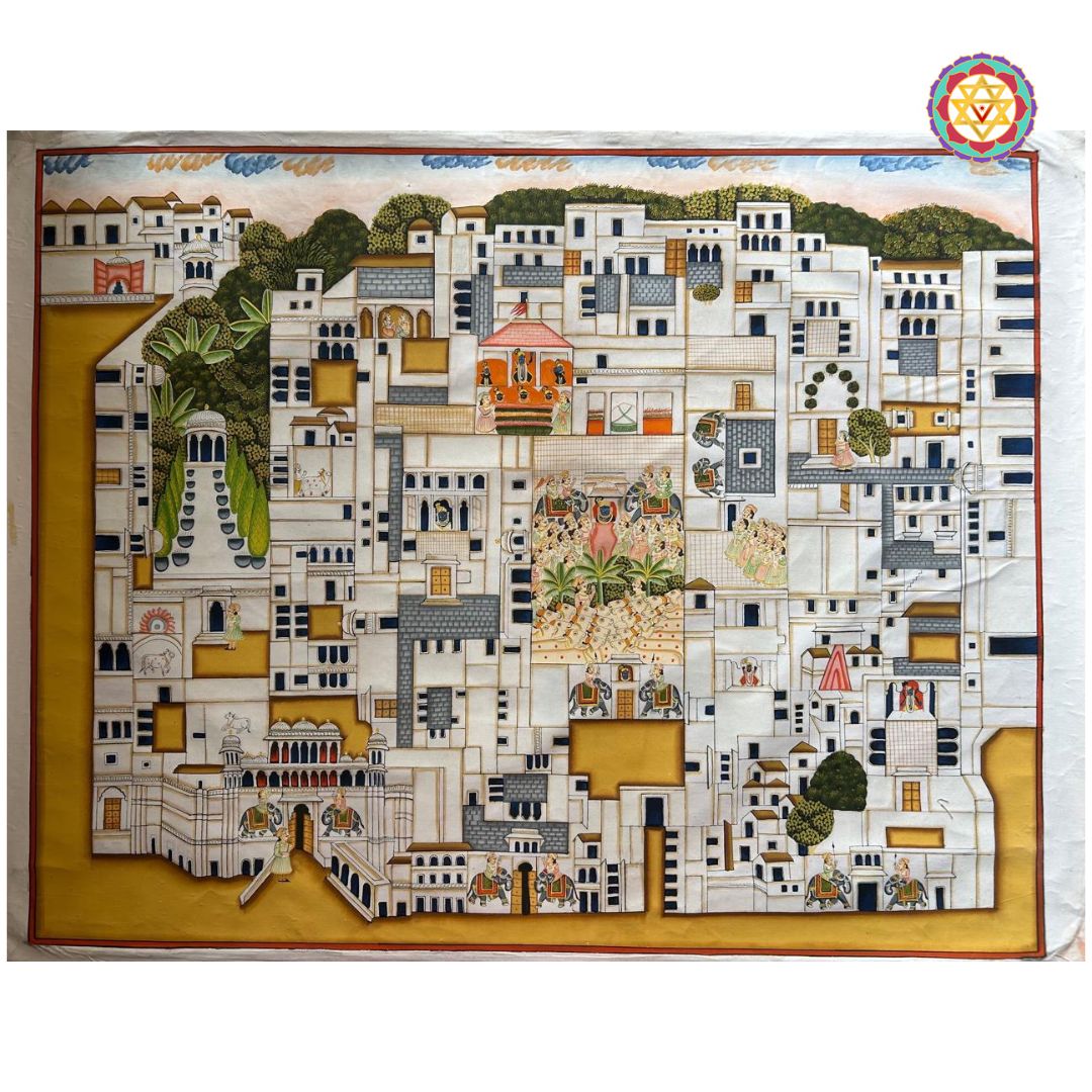angled view of thakurji bhavan pichwai painting showing ornate structure and soft color palette