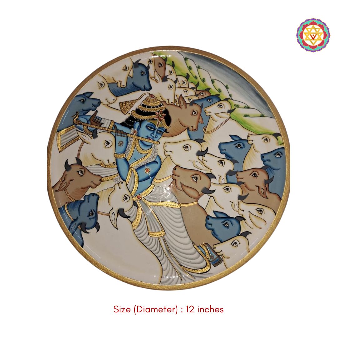 close-up of krishna as a shepherd in hand-painted wall art