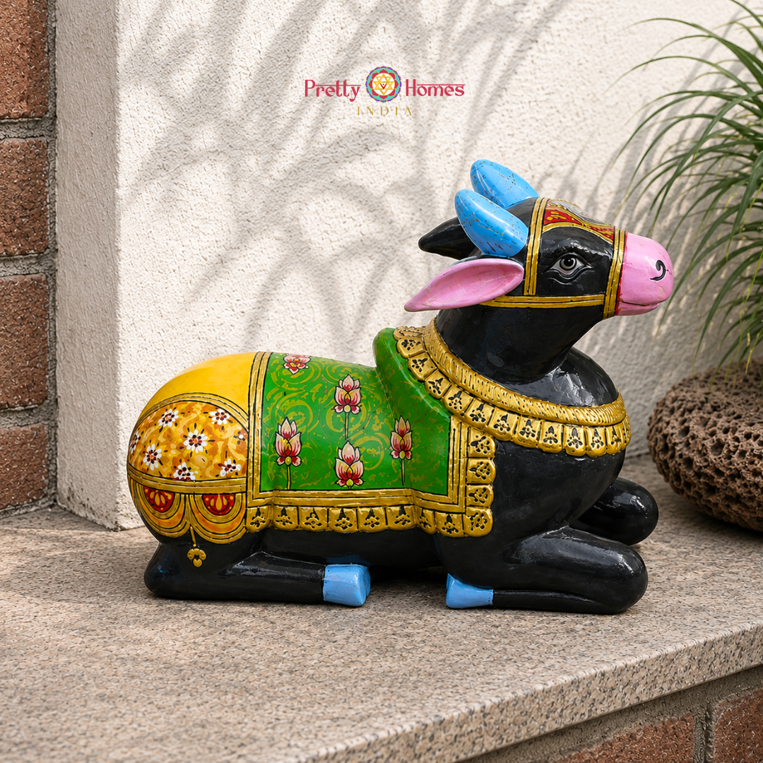 Handpainted Wooden Black Nandi with Green & Yellow Floral Motifs