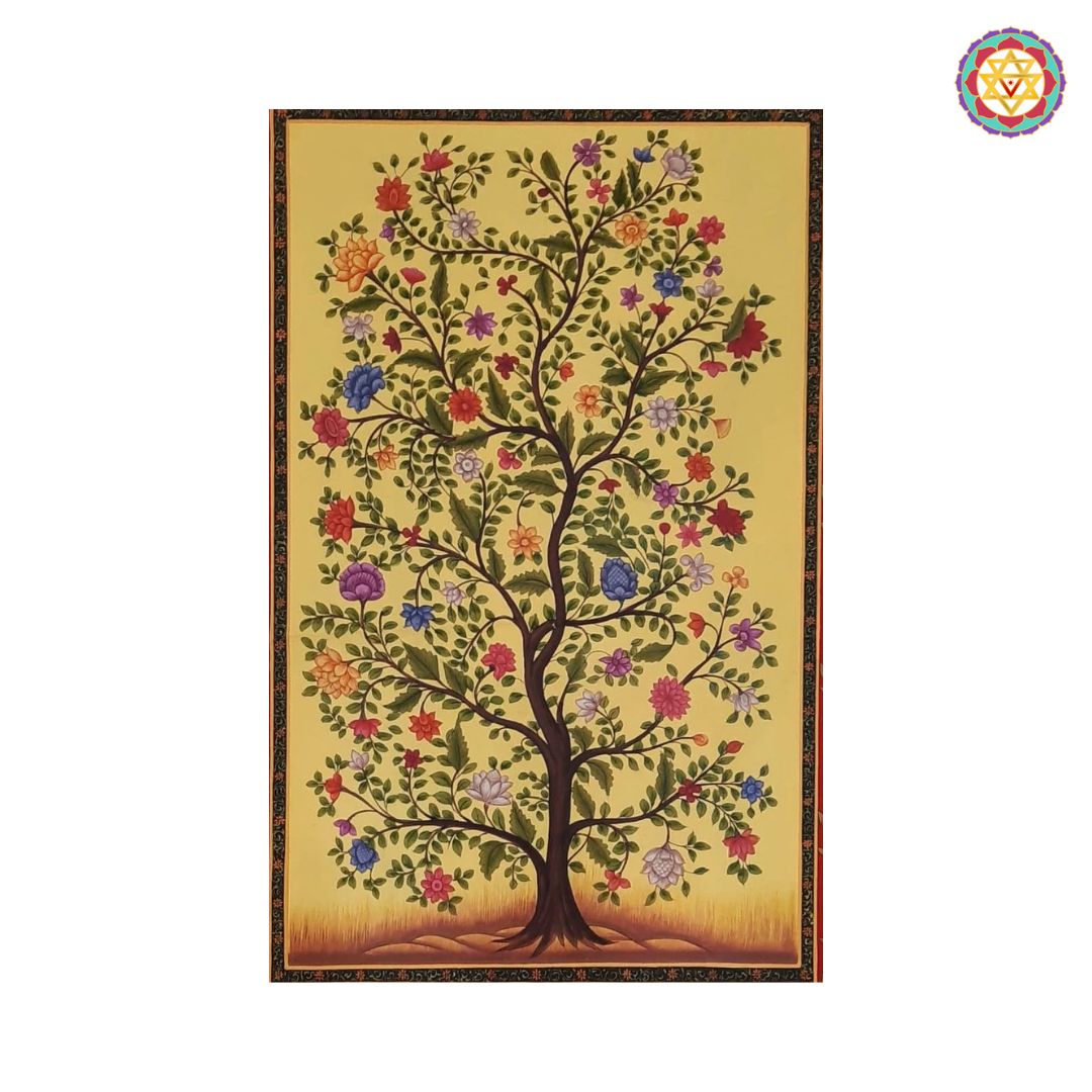 Detailed tree of life pichwai with floral and divine elements