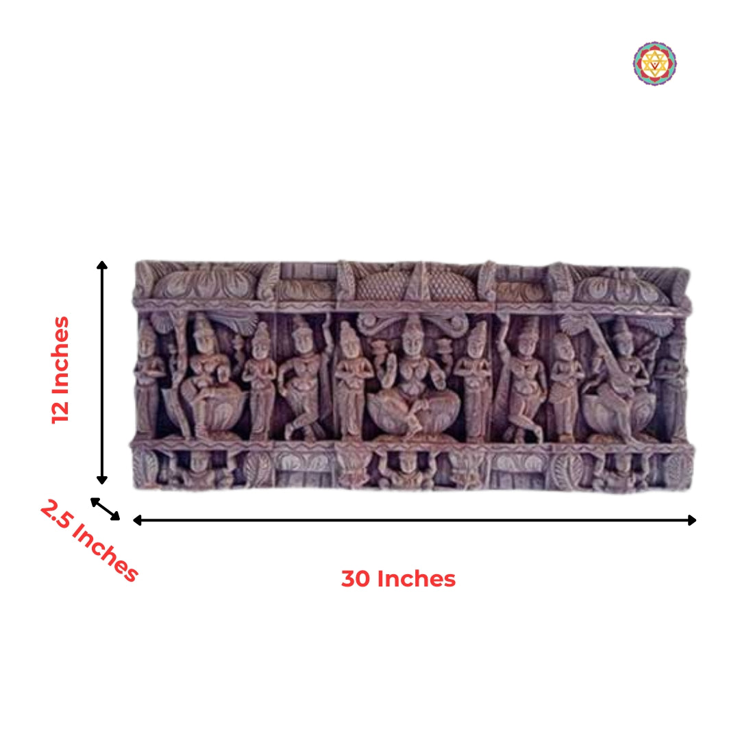 Antique wood carving showing divine goddesses – traditional wall hanging for pooja room.