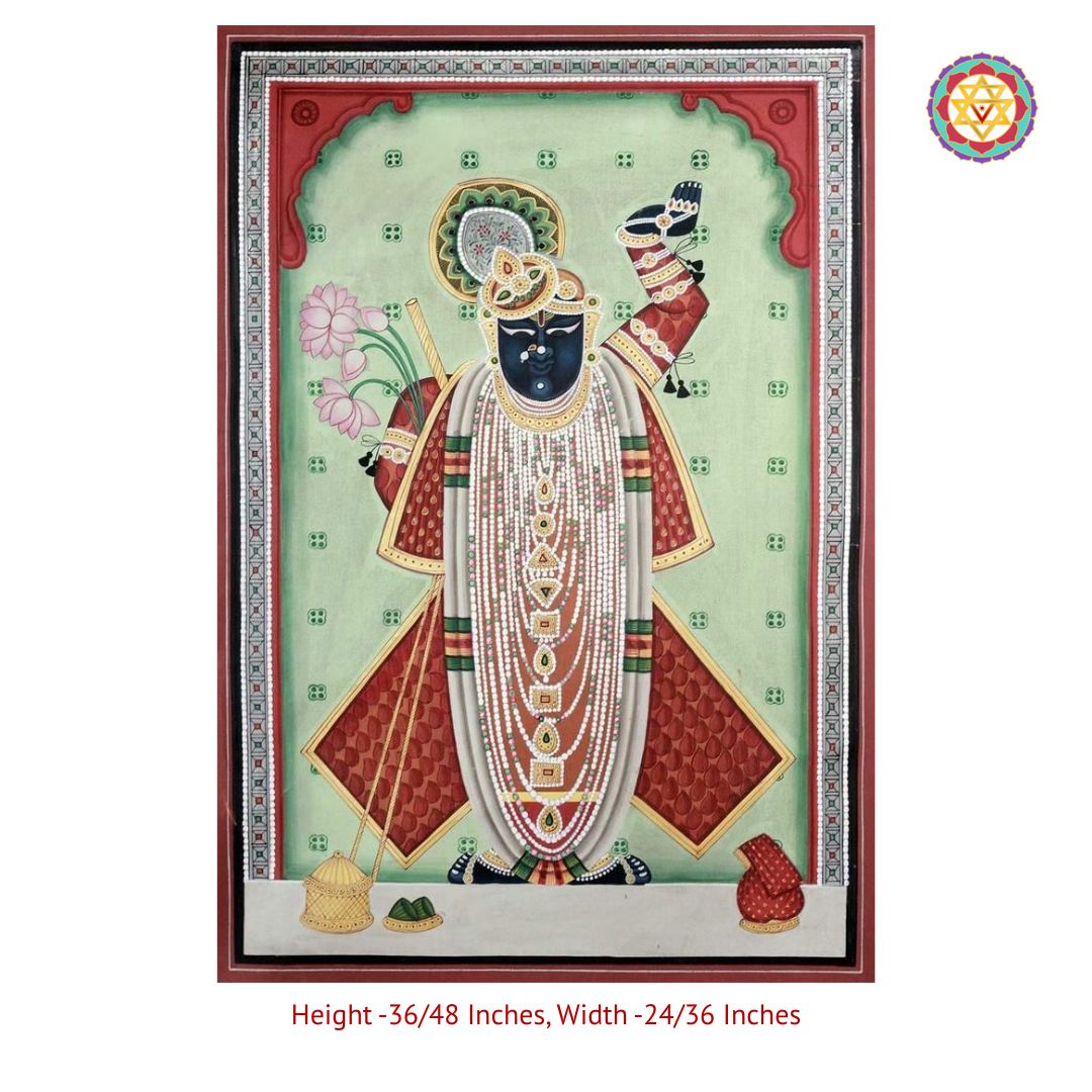 close-up of jharokha shrinathji pichwai showing gold accents