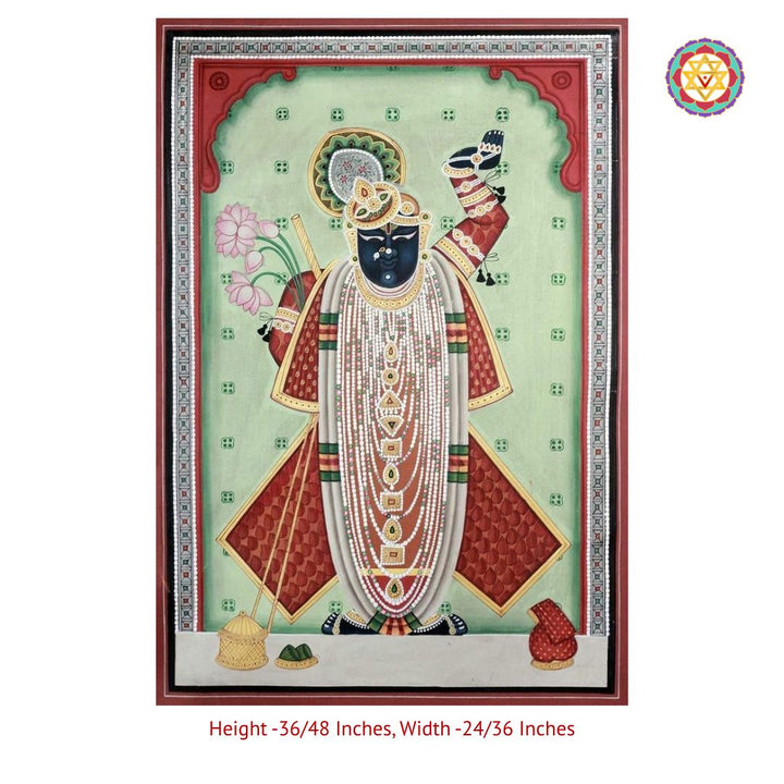 Handpainted Shrinathji Darshan Pichwai – Jharokha Style with Intricate Border