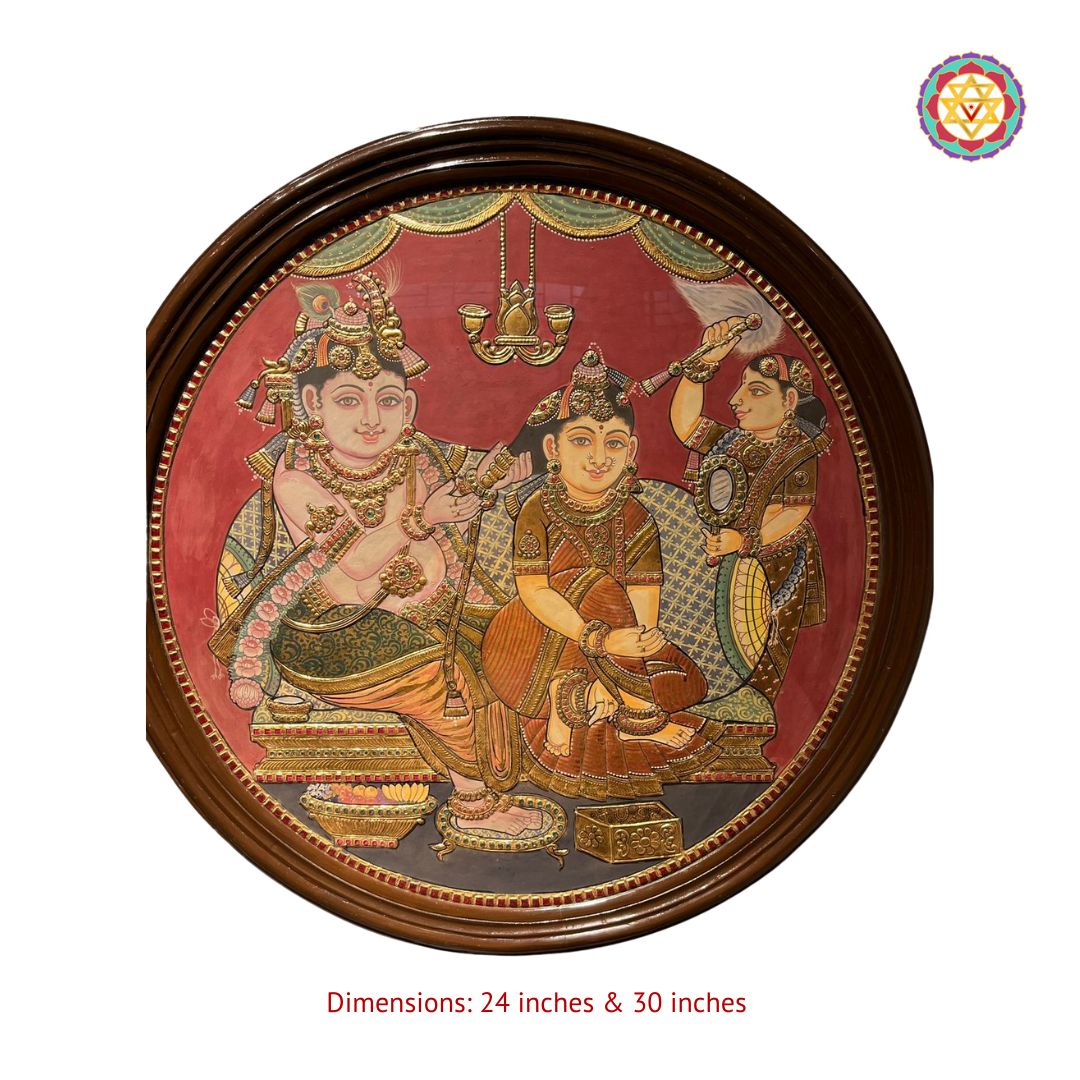 framed view of tanjore krishna braiding radha hair showcasing teakwood frame and gilded borders