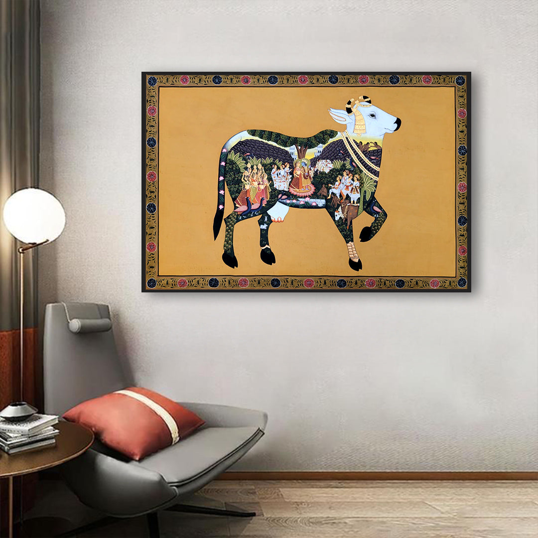 Pichwai painting of Kamadhenu with Krishna Leela in handpainted detailing