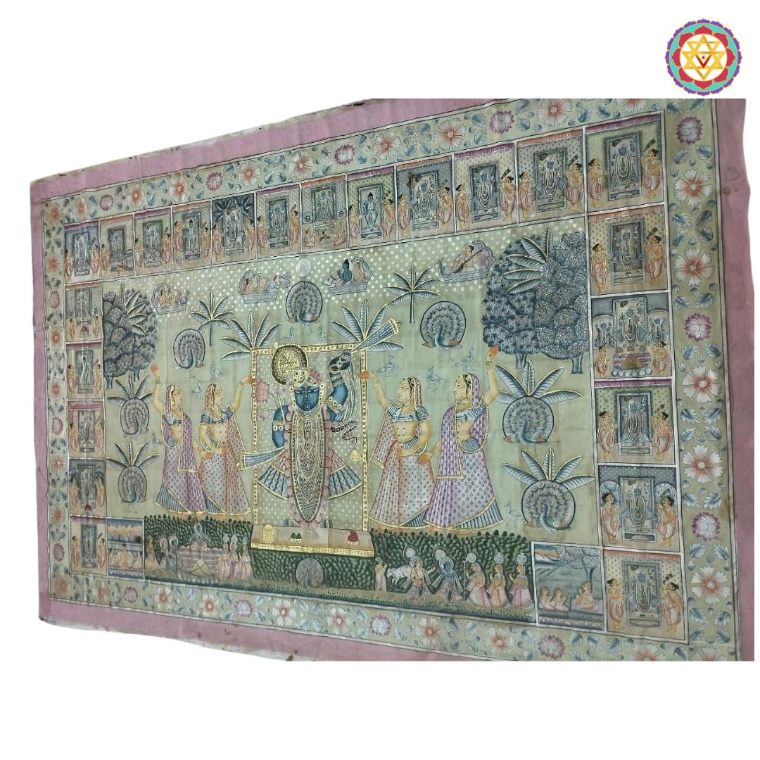 handpainted horizontal pichwai vintage style shrinathji darshan with golikas high-resolution detail of gopika figures and color gradation