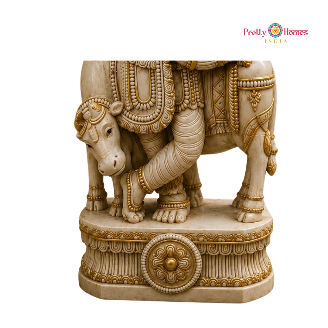 Wood-Carved Ivory Krishna with Cows