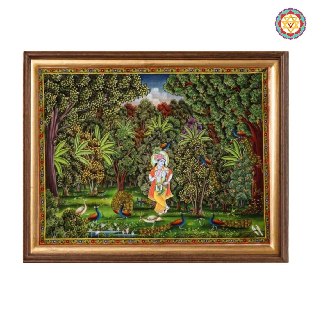 horizontal handpainted pichwai krishna playing flute in forest setting interior-styled image showing the painting displayed above a console