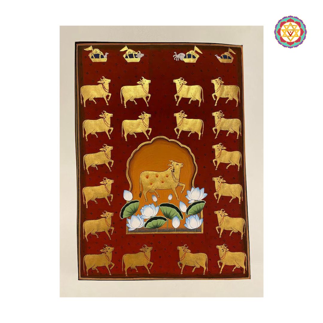 angled view of golden hand-painted pichwai showing rich color tones and texture