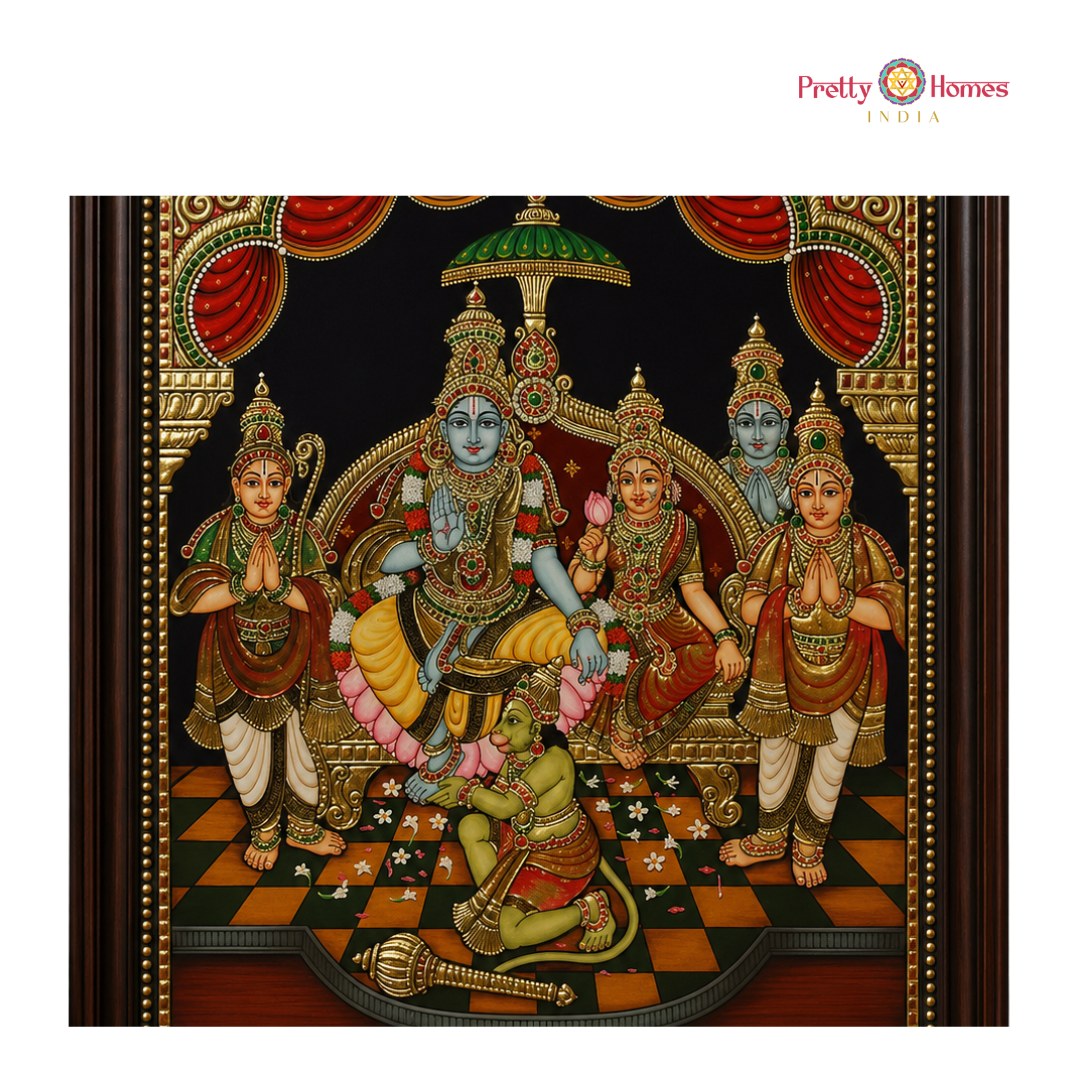 Aesthetic Vintage Finish Ram Darbar with Chettinad Pillars Tanjore in Real Gold