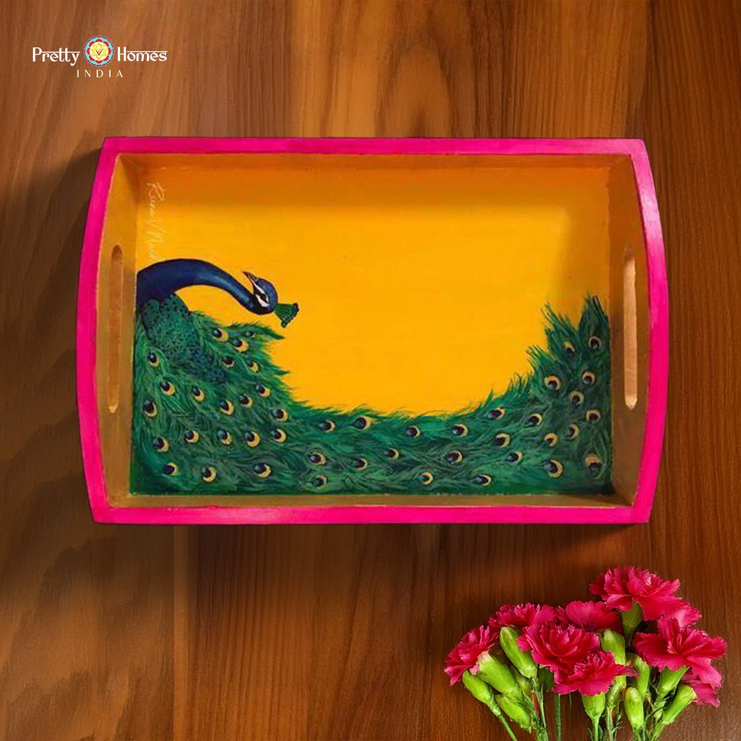 hand-painted wooden tray with peacock design
