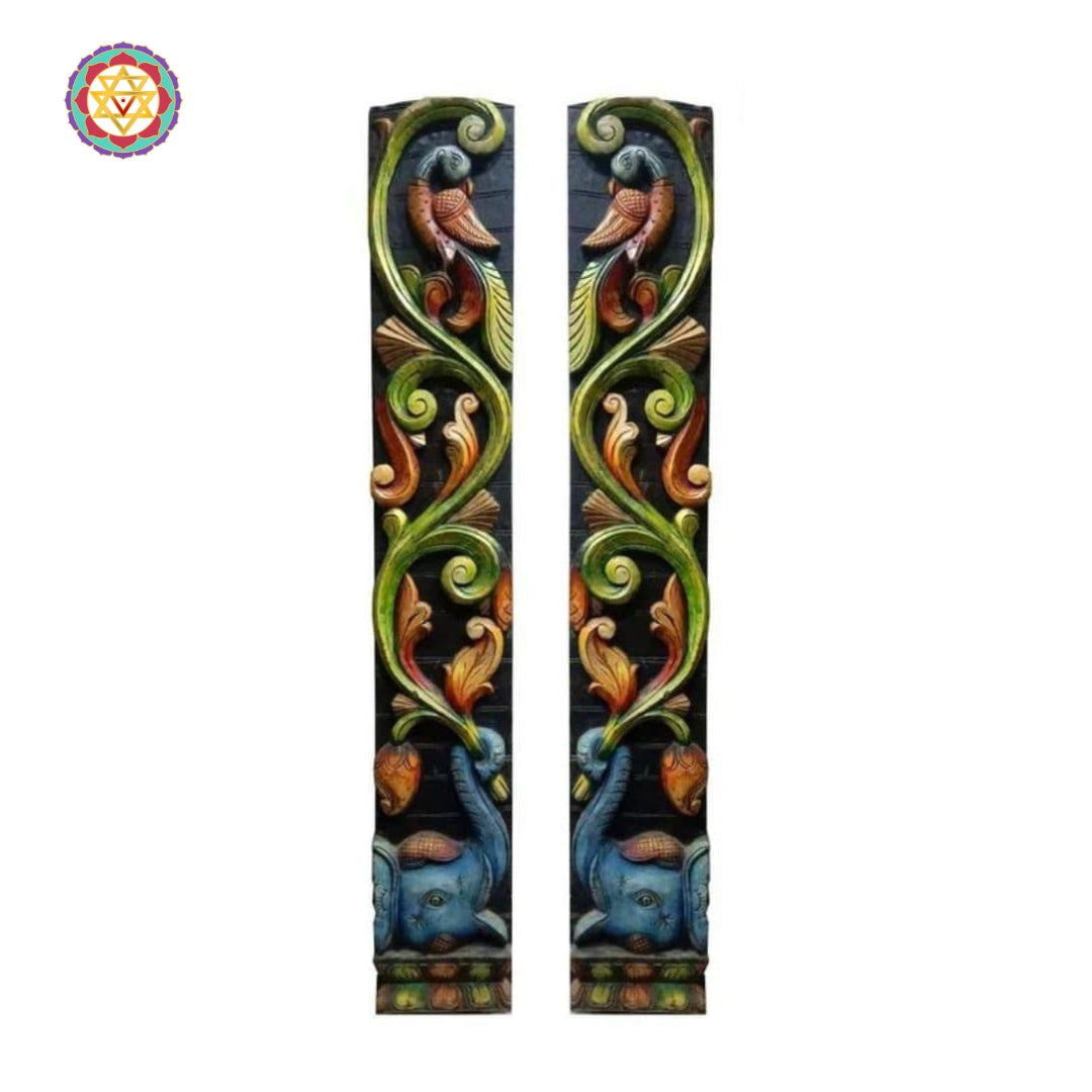 handcarved vertical wooden wall decor featuring floral motifs