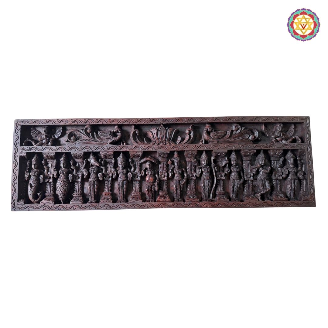 Handcarved Dasavtar panel with mythological figures and ornate borders