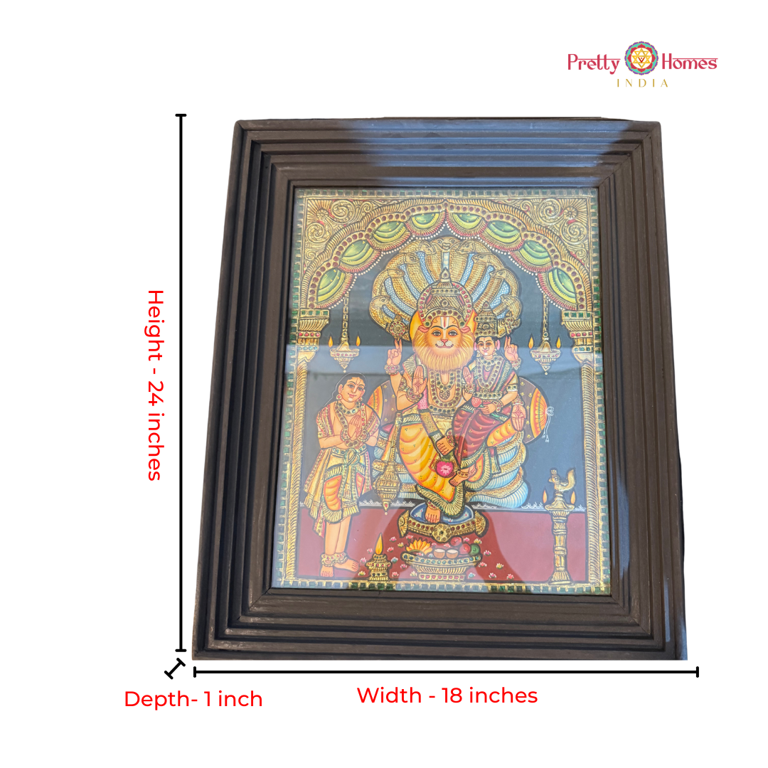 Lord Narasimha with Goddess Lakshmi & Bhudevi – Tanjore Painting