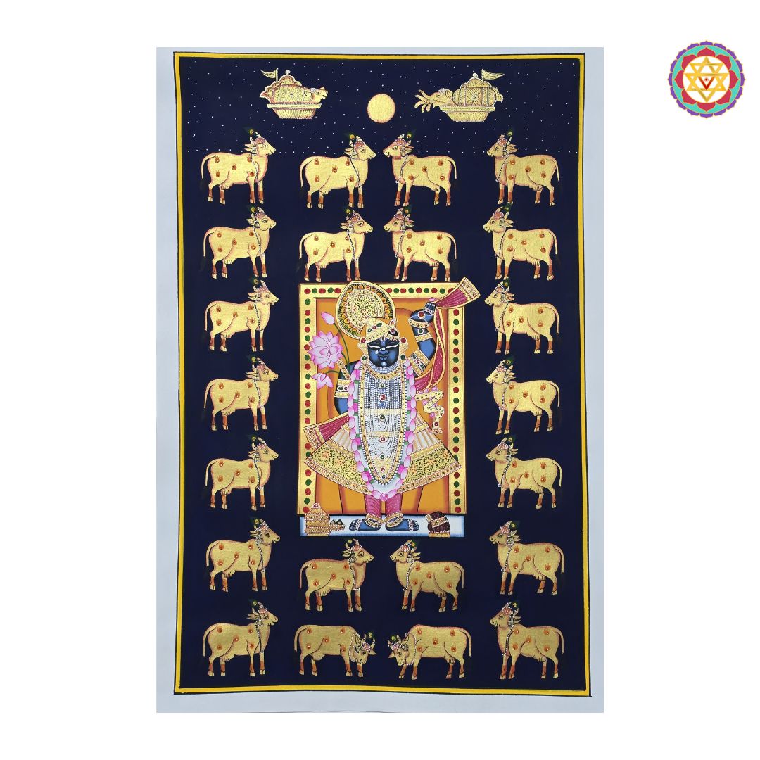 hand-painted pichwai painting -Shrinathji with Golden Cows