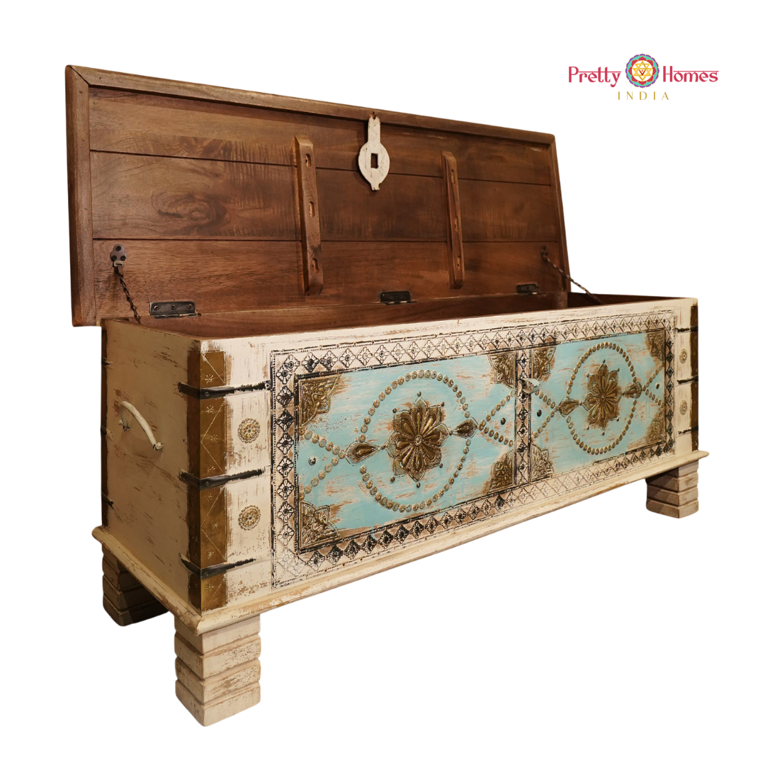 Large Wood-Carved Storage Trunk / Coffee Table with Brass Work