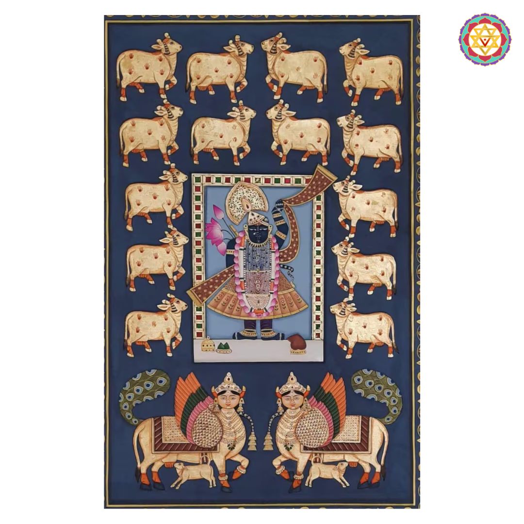 Shrinathji Darshan – Handpainted Pichwai with Cows & Kamdhenu Pair