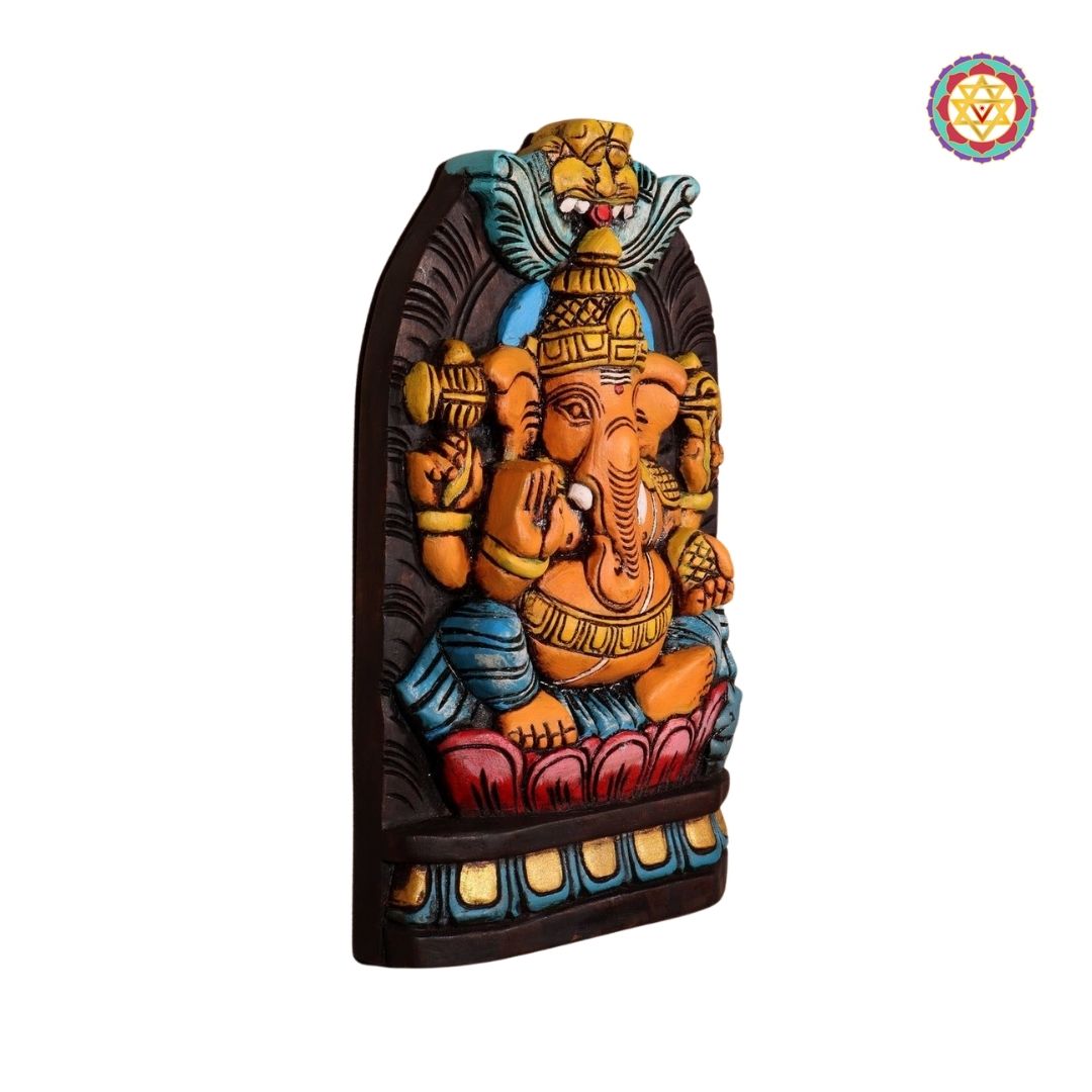 Multicolour woodcarved Mangal Kalash with elephants wall panel full front view