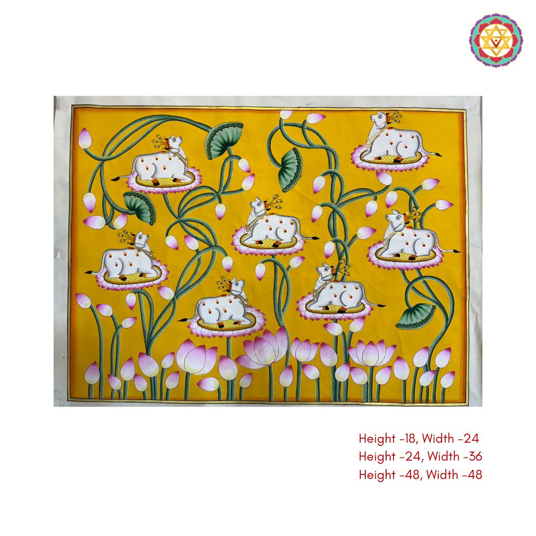 Handpainted Yellow Pichwai – Cows on Lotus Leaves