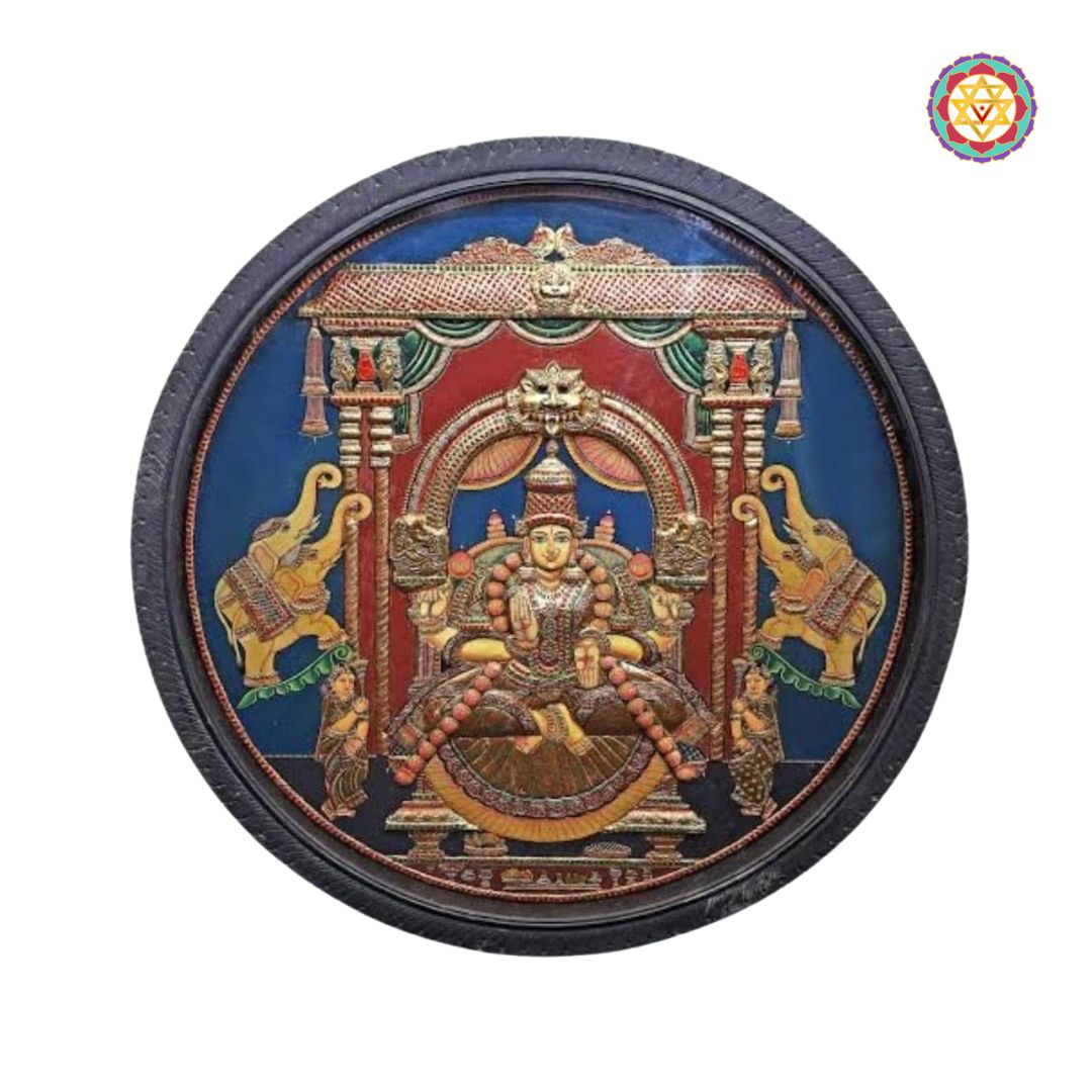 “Framed Tanjore art of Gajalakshmi with symbolic elements and antique finish”